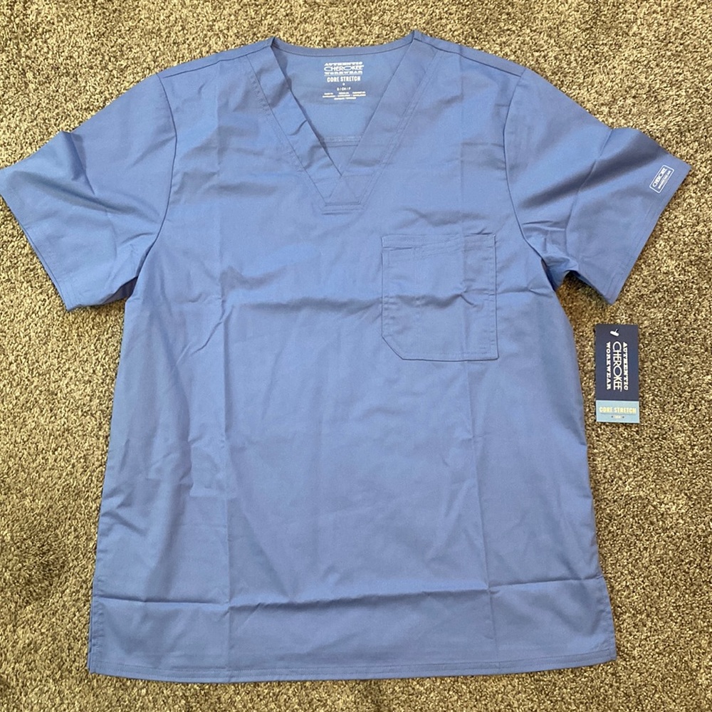 Cherokee Workwear Scrub Core Stretch Unisex Fit V-neck Top Ceil Blue NWT